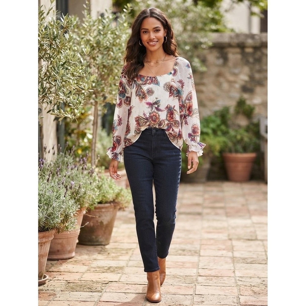 JM Collection Floral Boho Paisley Metallic Accent Sheer Blouse 3/4 Sleeve XXL